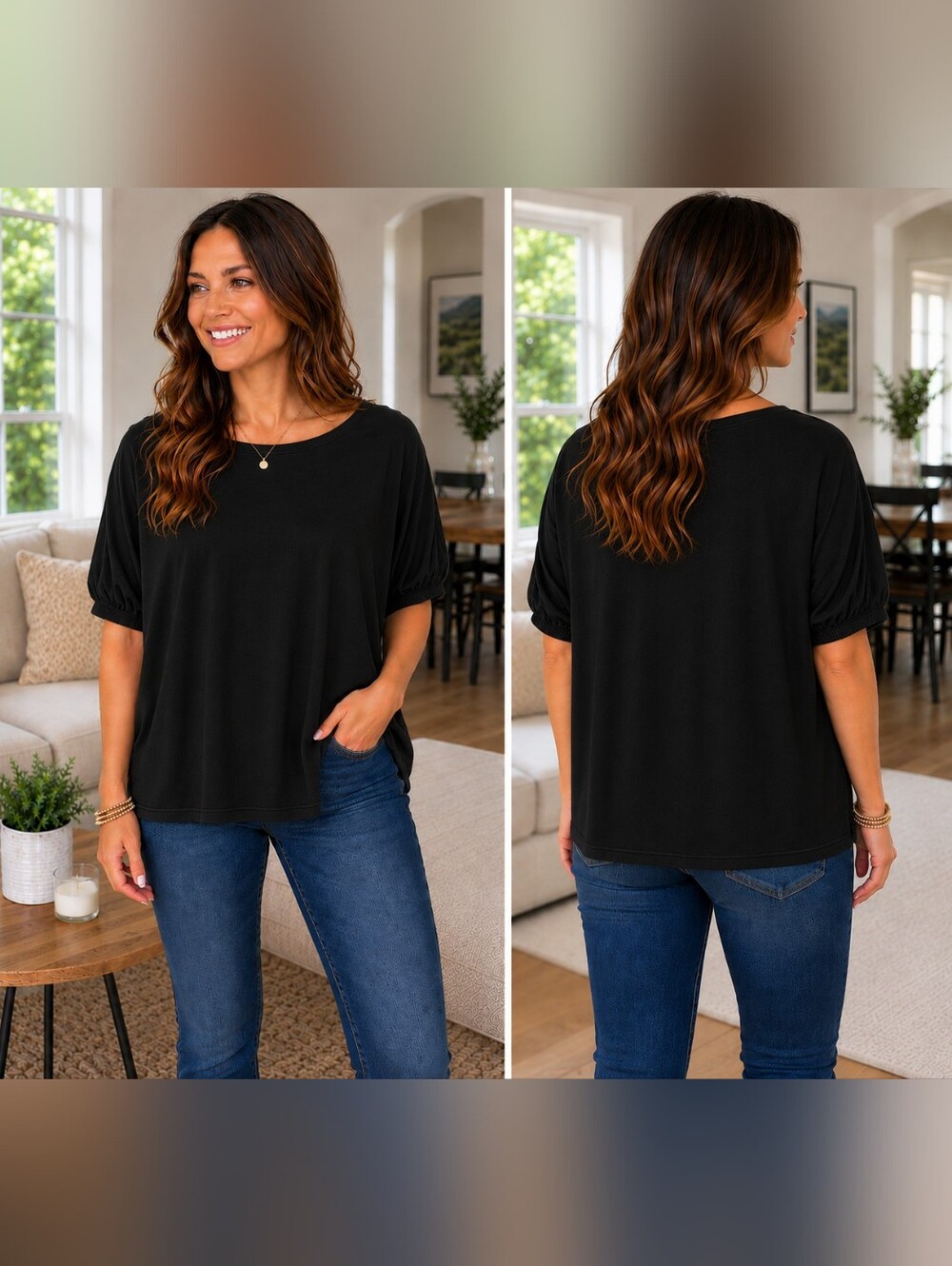 Zenana - Black Women's Ruched Sleeve Top - Classic Casual